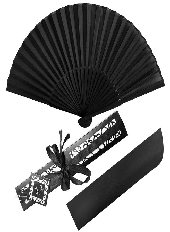 Jeyeou Silk Handheld Folding Fans, Decorative Black Vintage Bamboo Hand Held Foldable Fan 8.2in Small Chinese Japanese Retro Style with Case for Women Dance Performance Wedding Party Gift Purse - Image 1