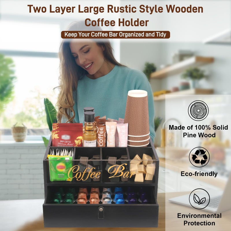 Intarsio 2-Tier Coffee Bar Organizer with Clear Acrylic Top, Built-in Drawer and Leather Handle Pull for Countertop, Stylish Coffee Station Storage Box for Accessories, Pods, Great Gifts for Home - Image 3