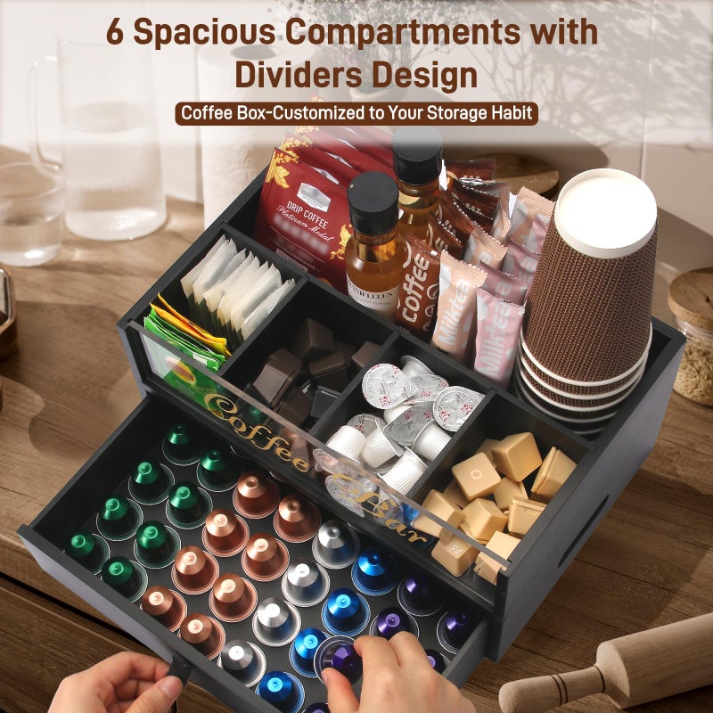 Intarsio 2-Tier Coffee Bar Organizer with Clear Acrylic Top, Built-in Drawer and Leather Handle Pull for Countertop, Stylish Coffee Station Storage Box for Accessories, Pods, Great Gifts for Home - Image 4