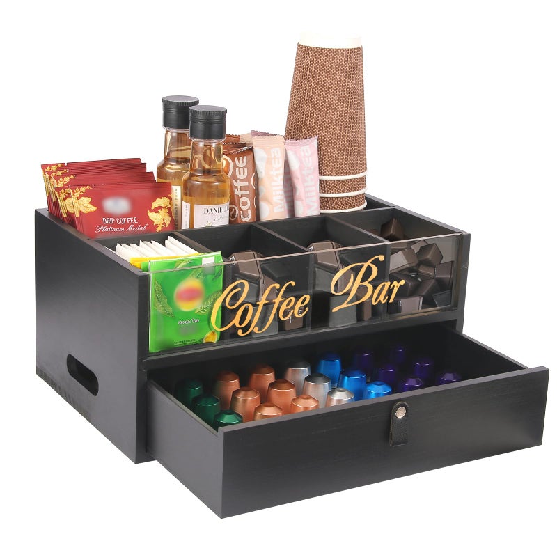 Intarsio 2-Tier Coffee Bar Organizer with Clear Acrylic Top, Built-in Drawer and Leather Handle Pull for Countertop, Stylish Coffee Station Storage Box for Accessories, Pods, Great Gifts for Home - Image 1