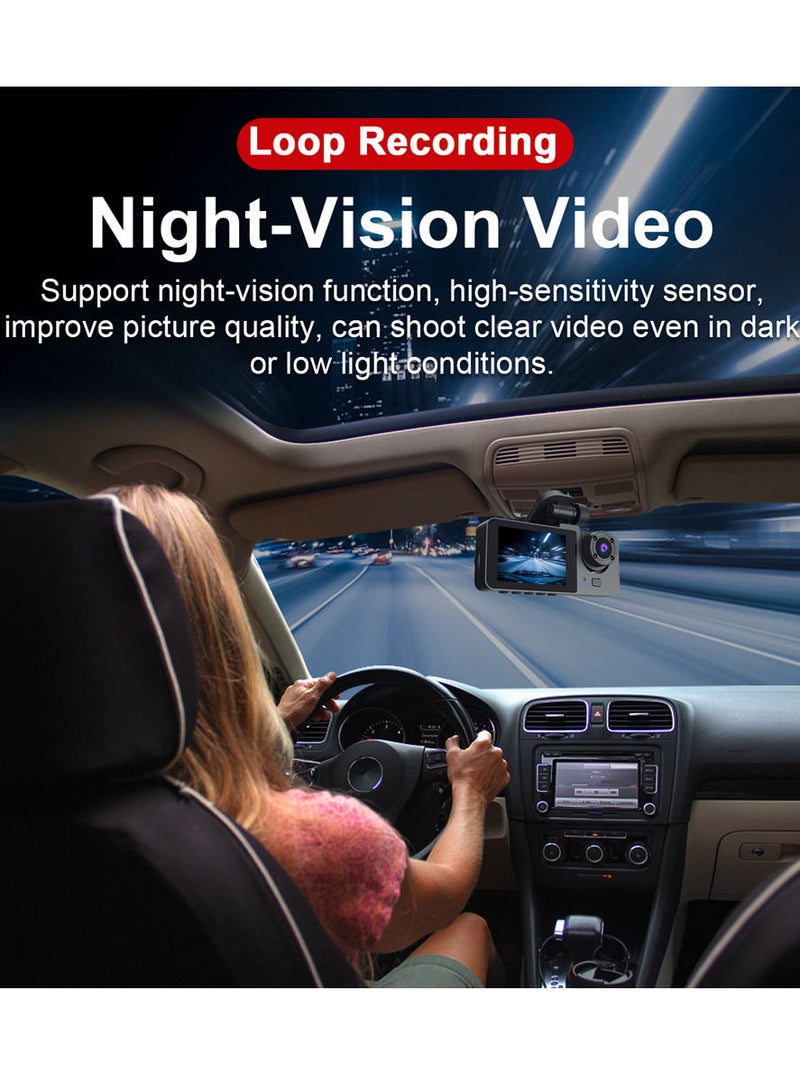 1080P DVR Dash Camera Front & Inside & Rear Camera Driving Recorder 2 Inch Screen Dashcam Support Night-Vision Loop Recording Motion Detection One-Key Lock - Image 3