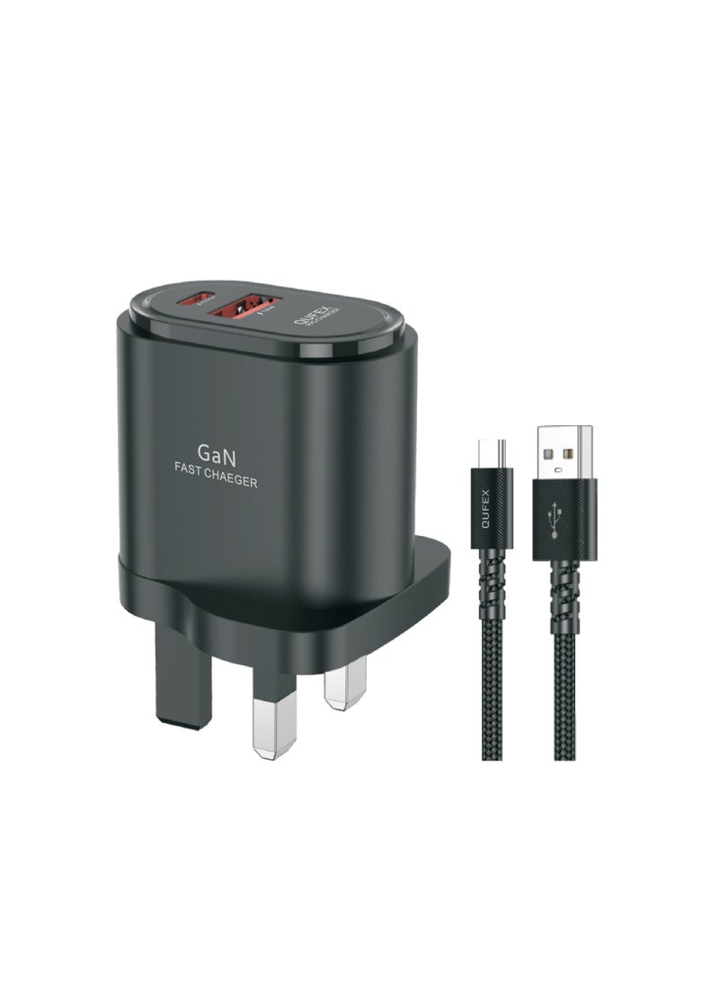 QUFEX 43W Quick Travel USB-A to USB-C Charger, Fast Charging Adapter – Black - Image 1