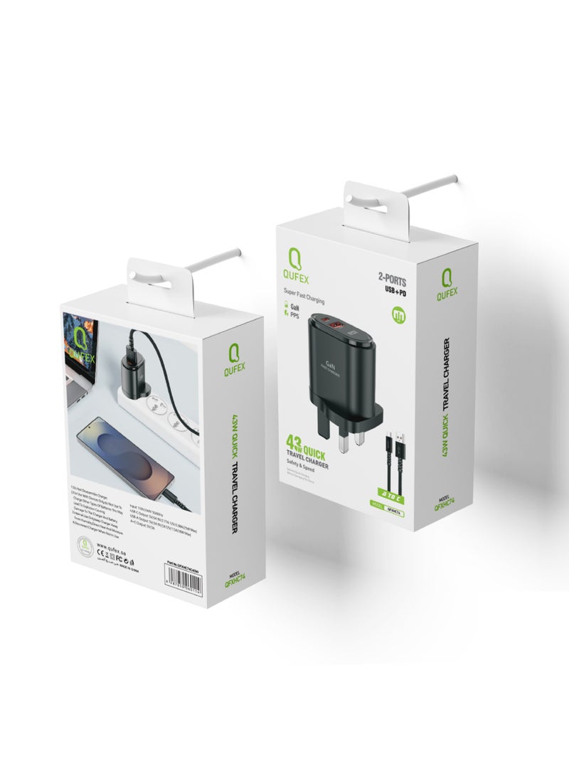 QUFEX 43W Quick Travel USB-A to USB-C Charger, Fast Charging Adapter – Black - Image 2