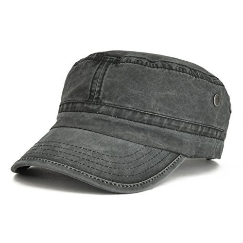 VOBOOM Washed Cotton Military Cadet Army Caps Unique Design Vintage Flat Top Hat (Black) - Image 1