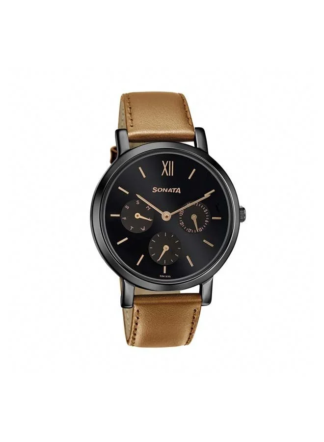 Sonata Round Shape Leather Band Chronograph Wrist Watch 8164NL03 36mm Tan