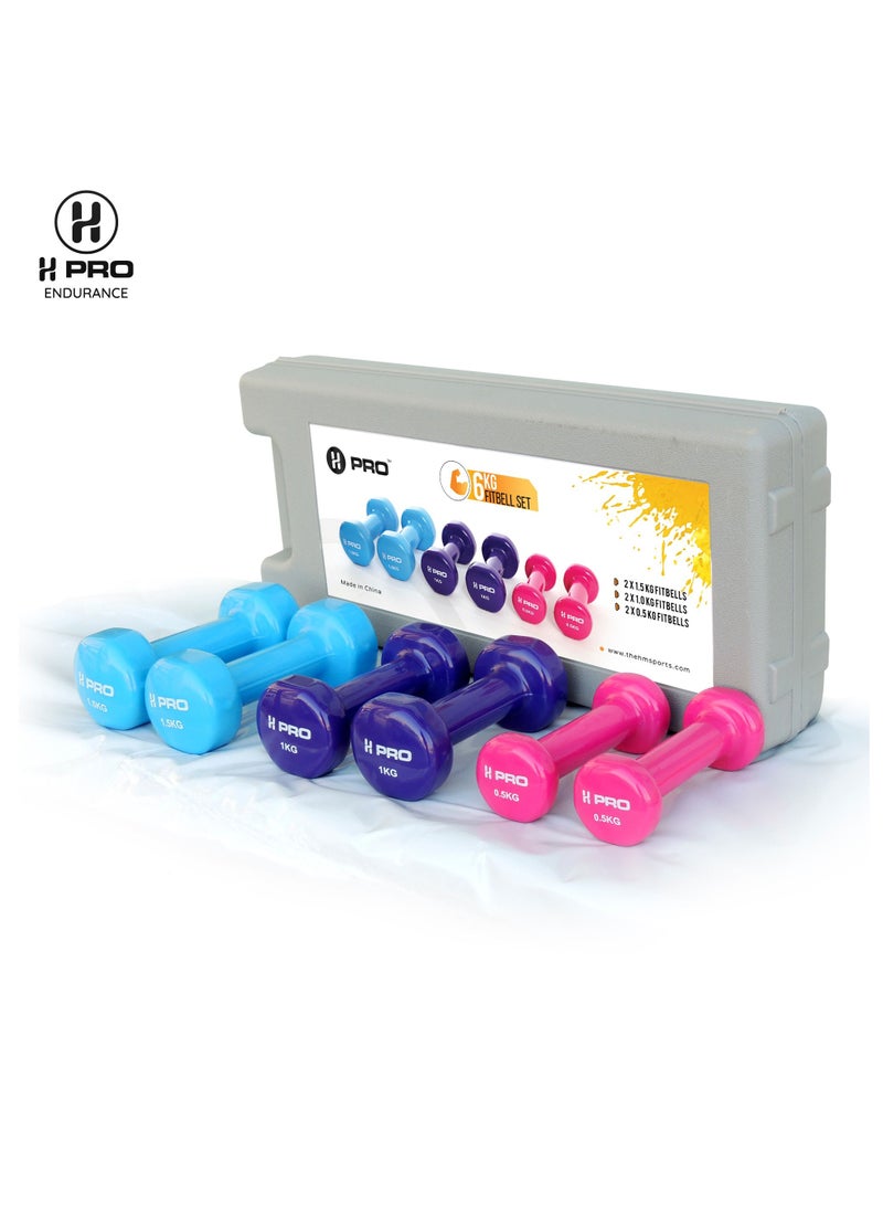 H PRO Multicolored Vinyl Dumbbell| Unisex Adult Vinyl Coated Weights with Carry Case| Fitbell Set 6kg - Image 4