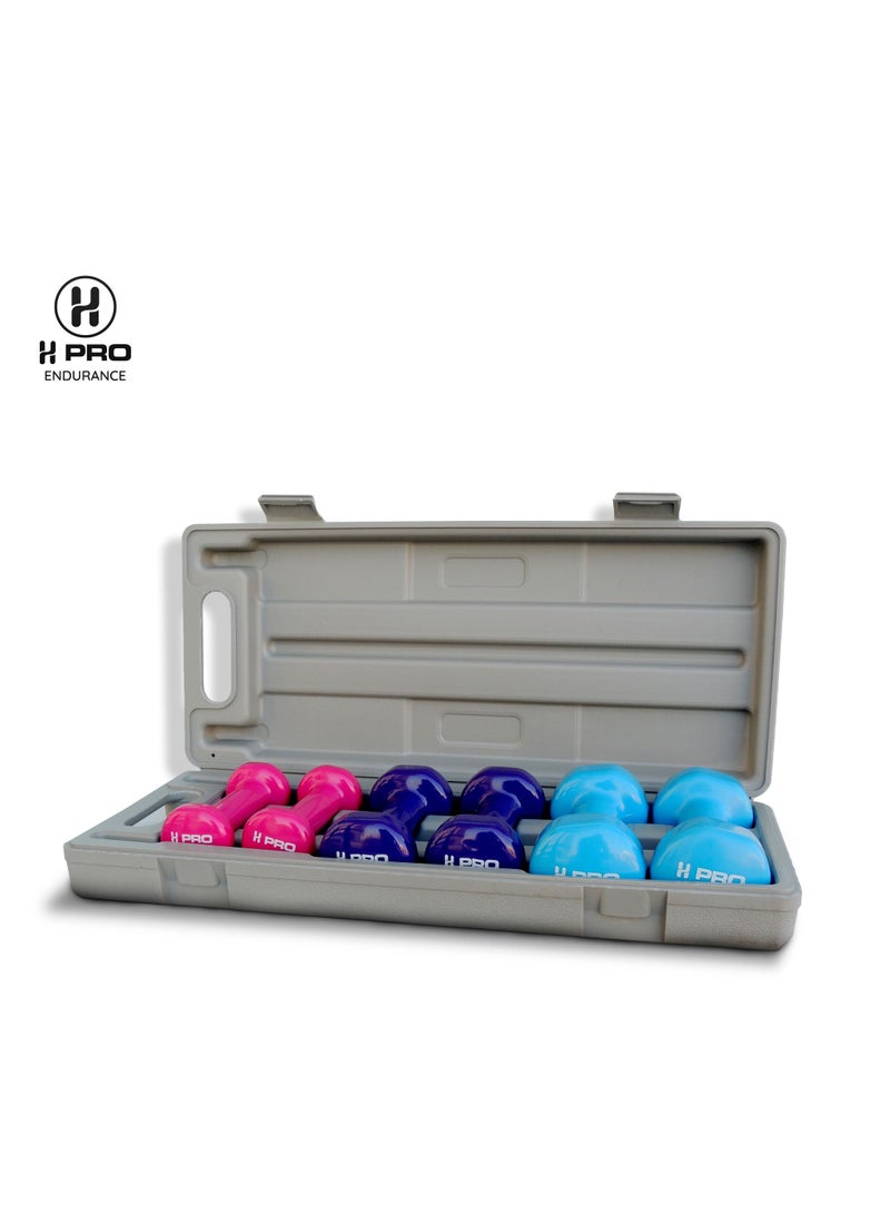 H PRO Multicolored Vinyl Dumbbell| Unisex Adult Vinyl Coated Weights with Carry Case| Fitbell Set 6kg - Image 3