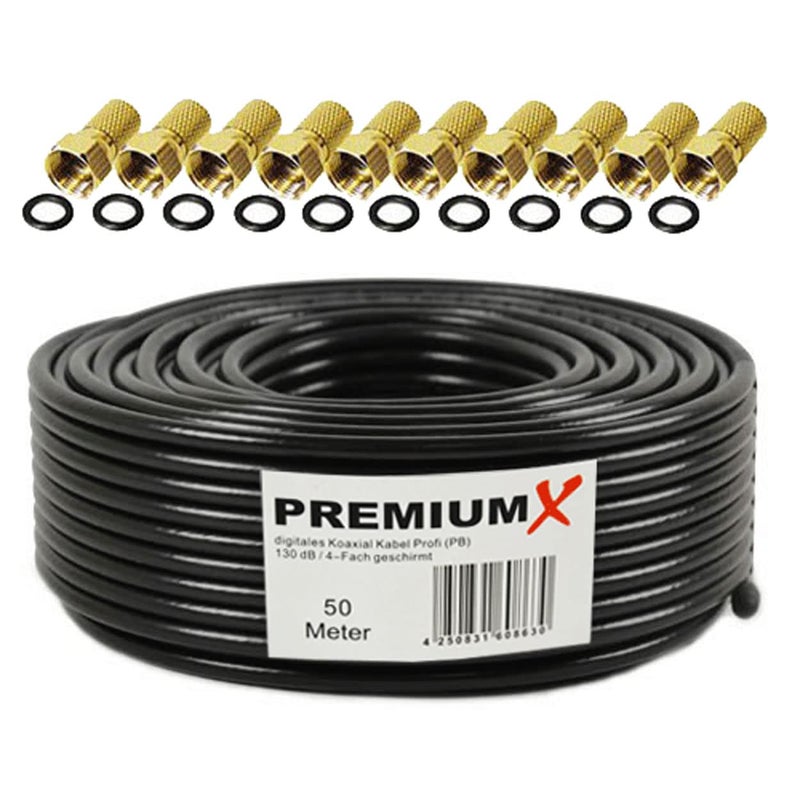 PremiumX Premium X 50 m Professional Coaxial Cable 135 dB 4-Way Copper Copper Satellite Coaxial Cable Satellite Antenna Cable 10x F-Connector Black - Image 1