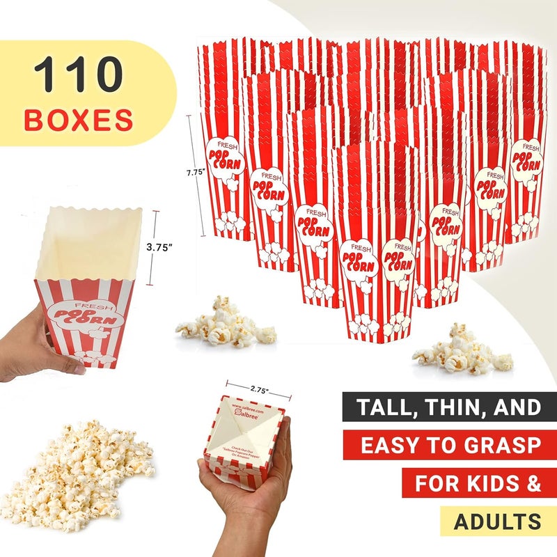 Salbree 110 Movie Night Popcorn Paper Boxes Buckets 7.75 Inches Tall Large Box & Holds 46 Oz Old Fashion Vintage Retro Party Design Red & White Colored Nostalgic Carnival Stripes Bags & Tubs various qty avail - Image 2