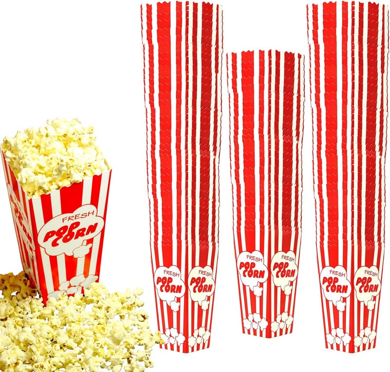 Salbree 110 Movie Night Popcorn Paper Boxes Buckets 7.75 Inches Tall Large Box & Holds 46 Oz Old Fashion Vintage Retro Party Design Red & White Colored Nostalgic Carnival Stripes Bags & Tubs various qty avail - Image 1