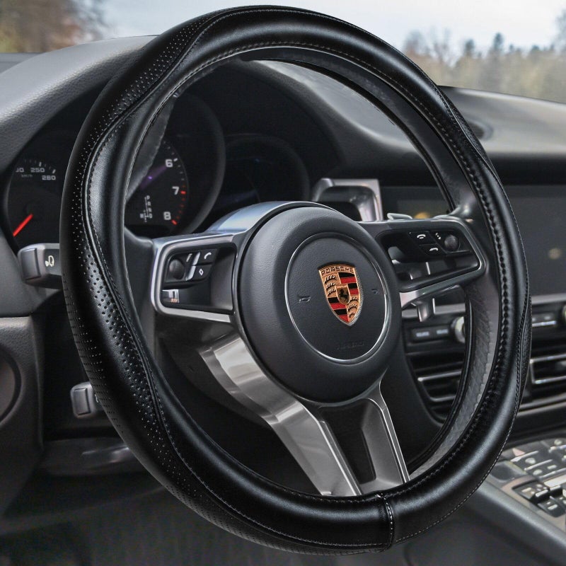 HAOKAY Top Grade Black Genuine Leather Steering Wheel Cover Men Women, Luxury Steering Wheel Cover for Cars, SUVS and Trucksï¼ŒUniversal 14.5-15 inch - Image 1