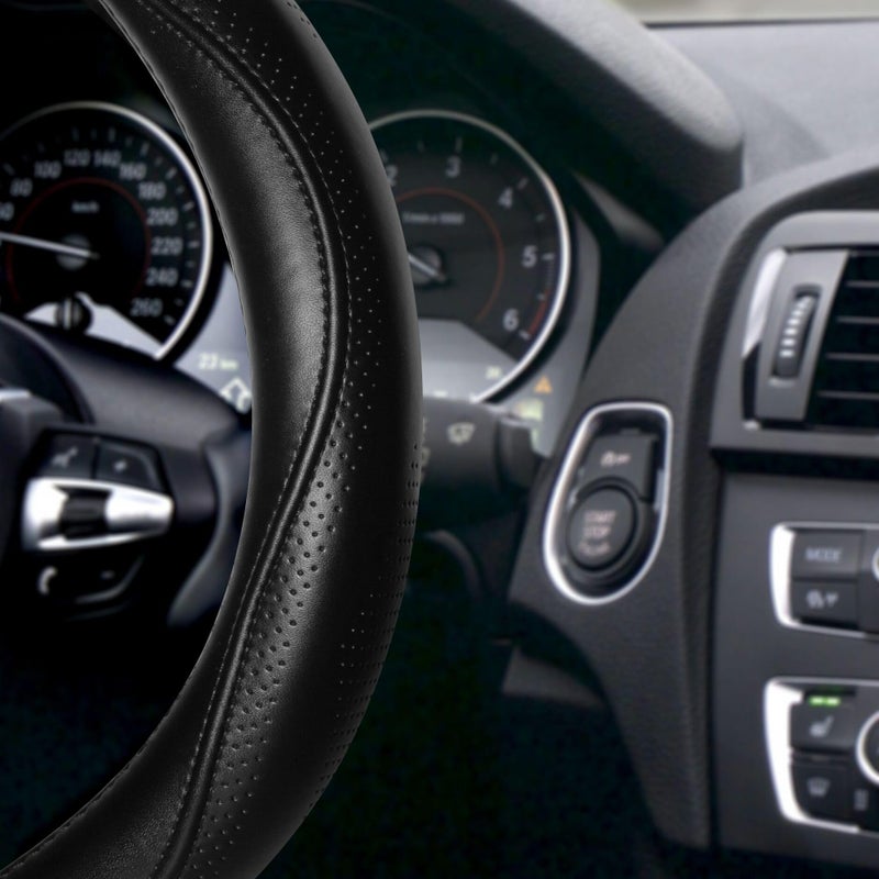 HAOKAY Top Grade Black Genuine Leather Steering Wheel Cover Men Women, Luxury Steering Wheel Cover for Cars, SUVS and Trucksï¼ŒUniversal 14.5-15 inch - Image 3
