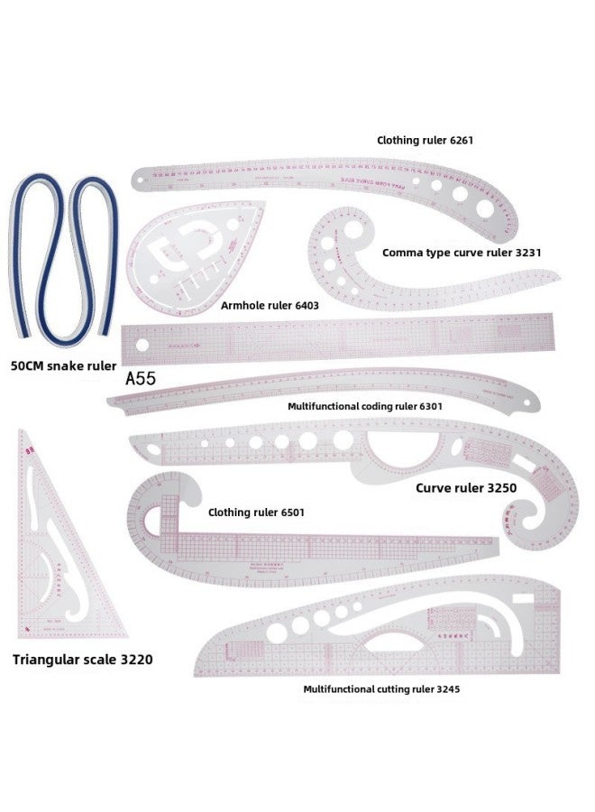 ثام مسطرة الملابس، مسطرة القص، مسطرة كم القفص، مسطرة المنحنيات، مسطرة قوس الأزرار، مجموعة مساطر - Image 1