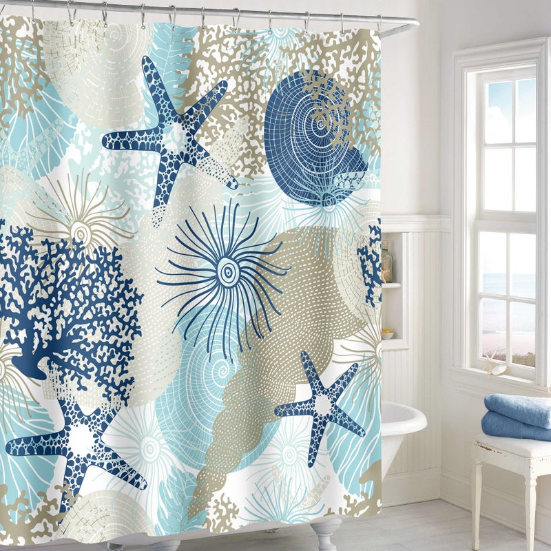 MAYZUS Beach Ocean Themed Shower Curtain, Cute Nautical Coastal Shower Curtain for Bathroom Decor, Summer Tropical Seashell Starfish Coral Fabric Shower Curtain Set with Hooks, Teal Blue, 72x72 - Image 2