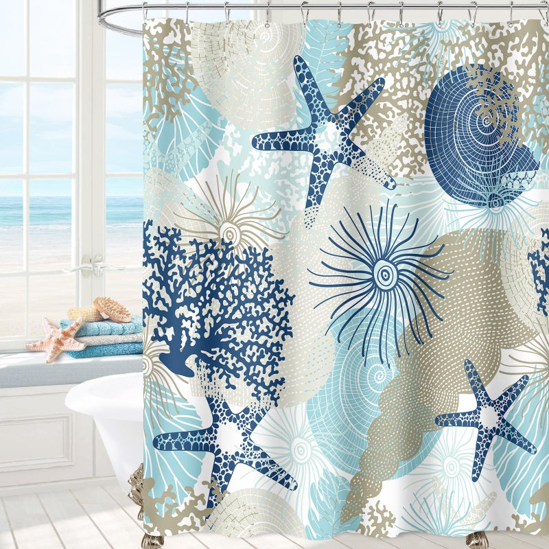 MAYZUS Beach Ocean Themed Shower Curtain, Cute Nautical Coastal Shower Curtain for Bathroom Decor, Summer Tropical Seashell Starfish Coral Fabric Shower Curtain Set with Hooks, Teal Blue, 72x72 - Image 1