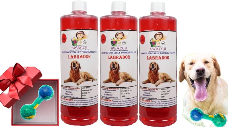 swacch Labrador Dog Shampoo + Dumbbell Toy I Durable Rubber Dog Toy for Chewing I Playing,Teeth Cleaning & Training Toy I Combo Pack I 1 Litre Pack of 3 Strawberry - Image 1