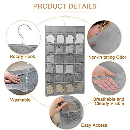 ZURATO Oxford Fabric Double Sided 30 Pockets Clear Hanging Bag, Socks Organizer Hanging, Wardrobe Panties Socks Classification Wardrobe Jewelry Organisers, Over-The-Door Socks Organizer- Grey - Image 3