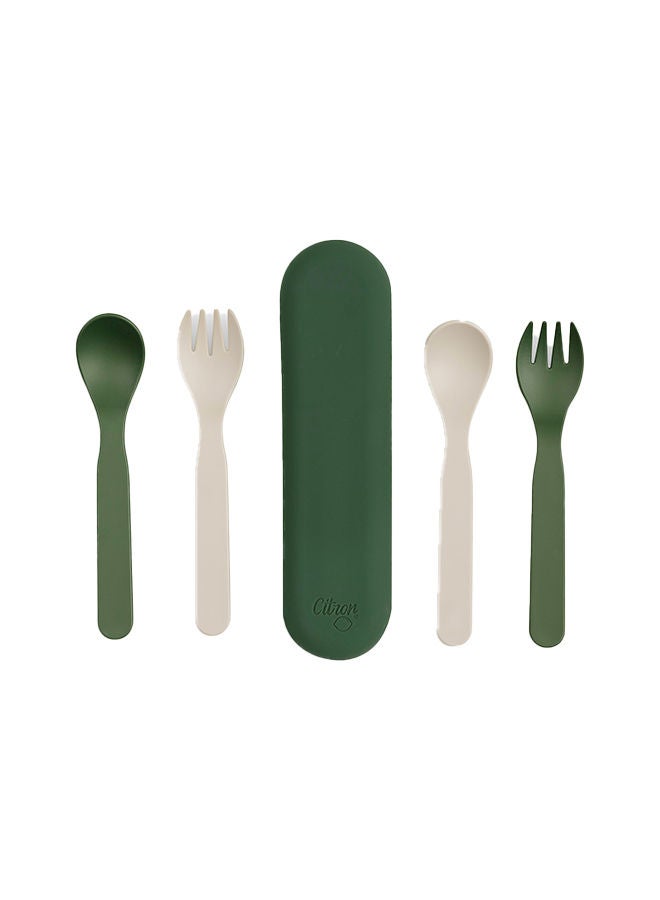 Citron Set of 4 Unbreakable Cutlery And Case, 100% Organic, Reusable, Biodegradable, Environment Friendly, And Unbreakable - Green/Cream - Image 1