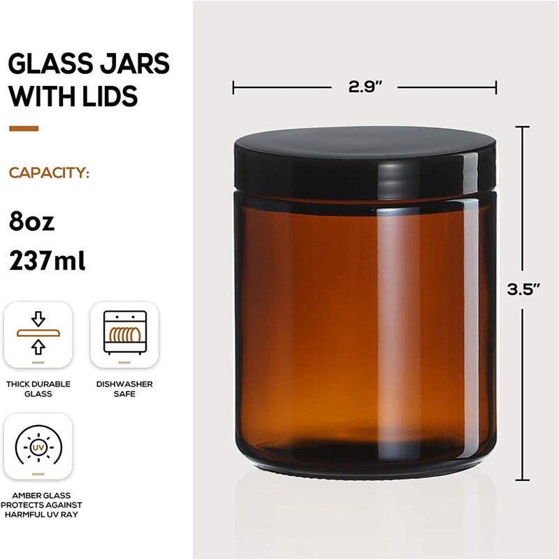 FUFU 6Pack 9oz amber Round Glass Pot Jars, Empty Jars with Lids, Refillable Cosmetic Containers, Travel Jars for Lotion, Cream, Slime, Cosmeti - Image 2