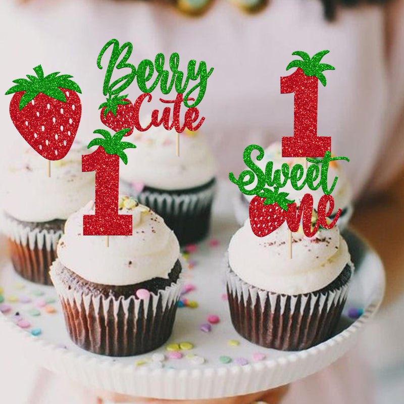 Rsstarxi 24 Pack Strawberry One Cupcake Toppers Glitter Sweet One Cupcake Picks Berry First Birthday Decor for Strawberry Fruit Theme Baby Shower 1st Birthday Party Cake Decorations - Image 3