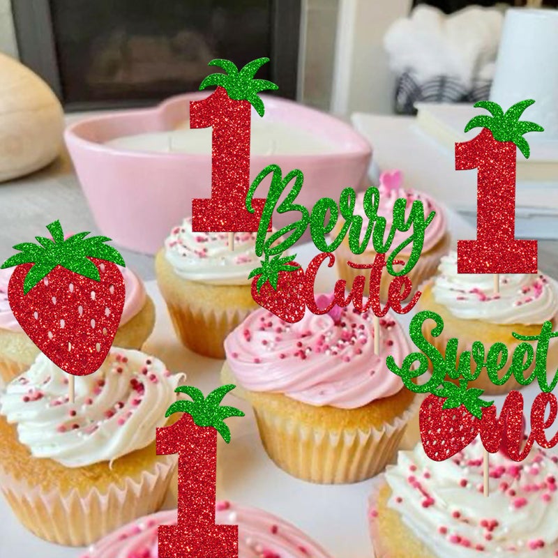 Rsstarxi 24 Pack Strawberry One Cupcake Toppers Glitter Sweet One Cupcake Picks Berry First Birthday Decor for Strawberry Fruit Theme Baby Shower 1st Birthday Party Cake Decorations - Image 5