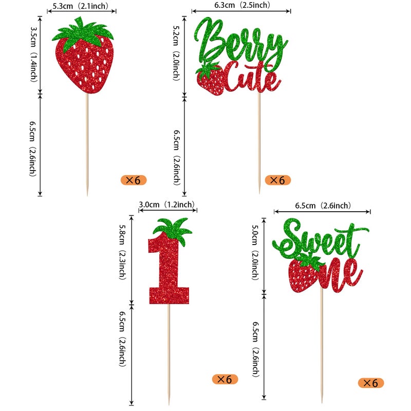 Rsstarxi 24 Pack Strawberry One Cupcake Toppers Glitter Sweet One Cupcake Picks Berry First Birthday Decor for Strawberry Fruit Theme Baby Shower 1st Birthday Party Cake Decorations - Image 2