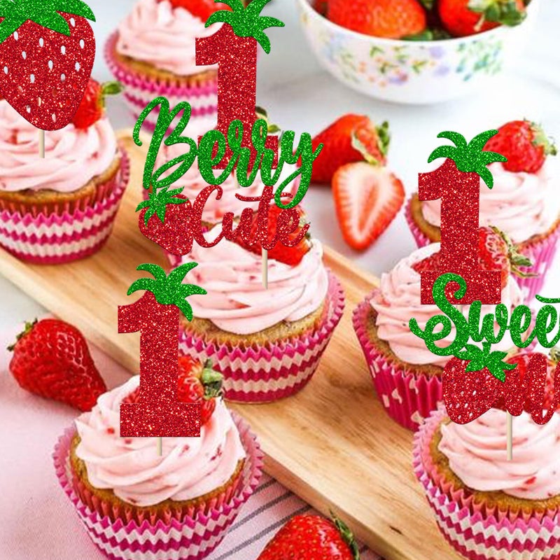 Rsstarxi 24 Pack Strawberry One Cupcake Toppers Glitter Sweet One Cupcake Picks Berry First Birthday Decor for Strawberry Fruit Theme Baby Shower 1st Birthday Party Cake Decorations - Image 4