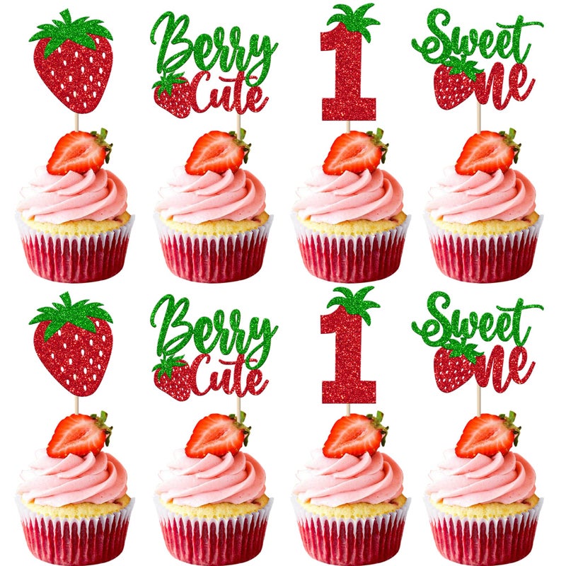 Rsstarxi 24 Pack Strawberry One Cupcake Toppers Glitter Sweet One Cupcake Picks Berry First Birthday Decor for Strawberry Fruit Theme Baby Shower 1st Birthday Party Cake Decorations - Image 1