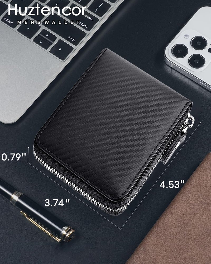 Huztencor RFID Blocking Leather Zipper Wallet for Men - Carbon Fiber Black - Image 3