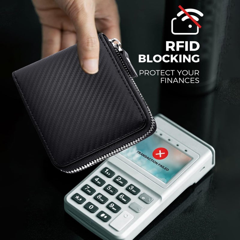 Huztencor RFID Blocking Leather Zipper Wallet for Men - Carbon Fiber Black - Image 4