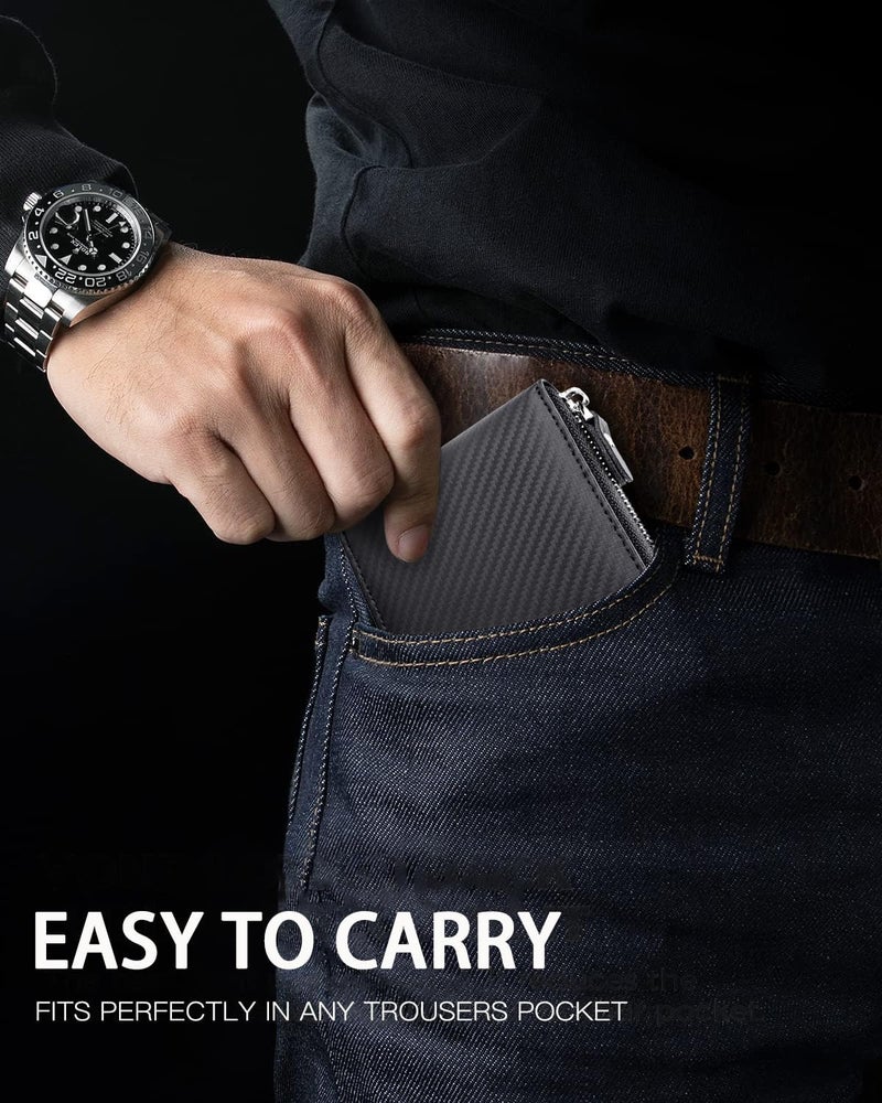 Huztencor RFID Blocking Leather Zipper Wallet for Men - Carbon Fiber Black - Image 2