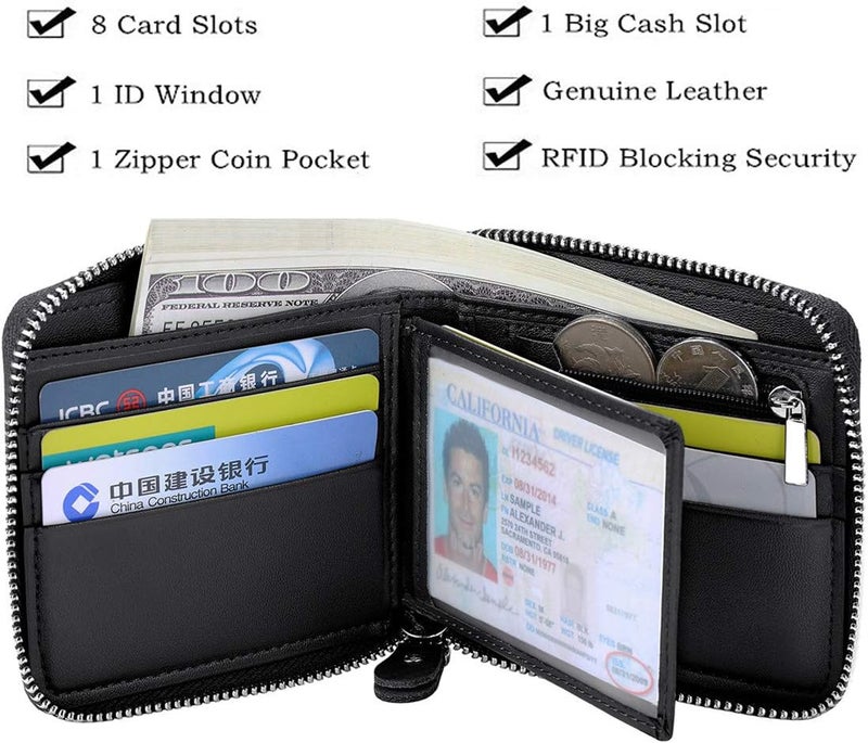 Huztencor RFID Blocking Leather Zipper Wallet for Men - Carbon Fiber Black - Image 5