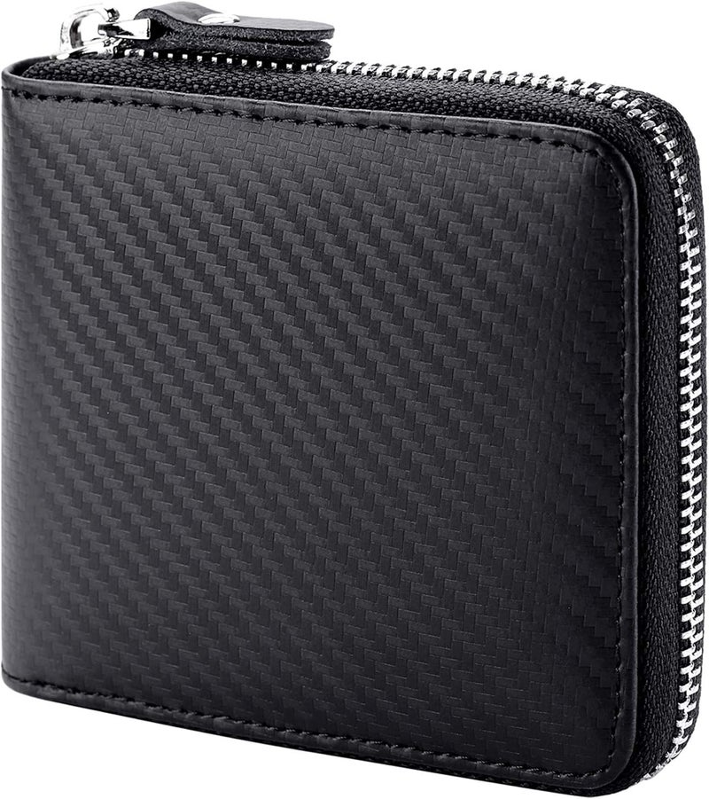 Huztencor RFID Blocking Leather Zipper Wallet for Men - Carbon Fiber Black - Image 1