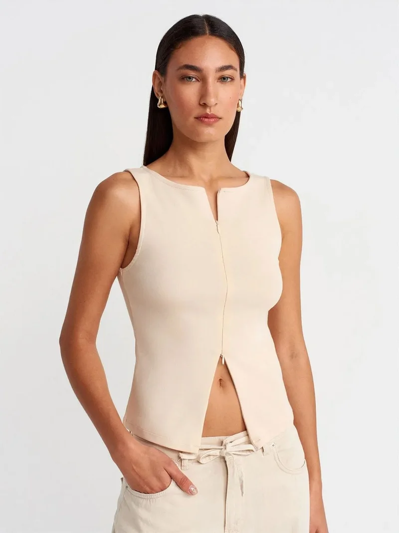 ديلفين Dilvin Sleeveless Slim-Fit Jersey Blouse With Zip