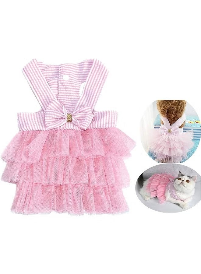 فستان أنيق مخطط من قماش شبكي رائع للكلاب والقطط والأرانب، مناسب للصغار، بتصميم أميرة، مزين بفيونكة، مناسب للكلاب الصغيرة، مثل كلاب البوميرانيان والتشيهواهوا، تنورة، مناسب للجراء (وردي، مقاس كبير). - Image 1