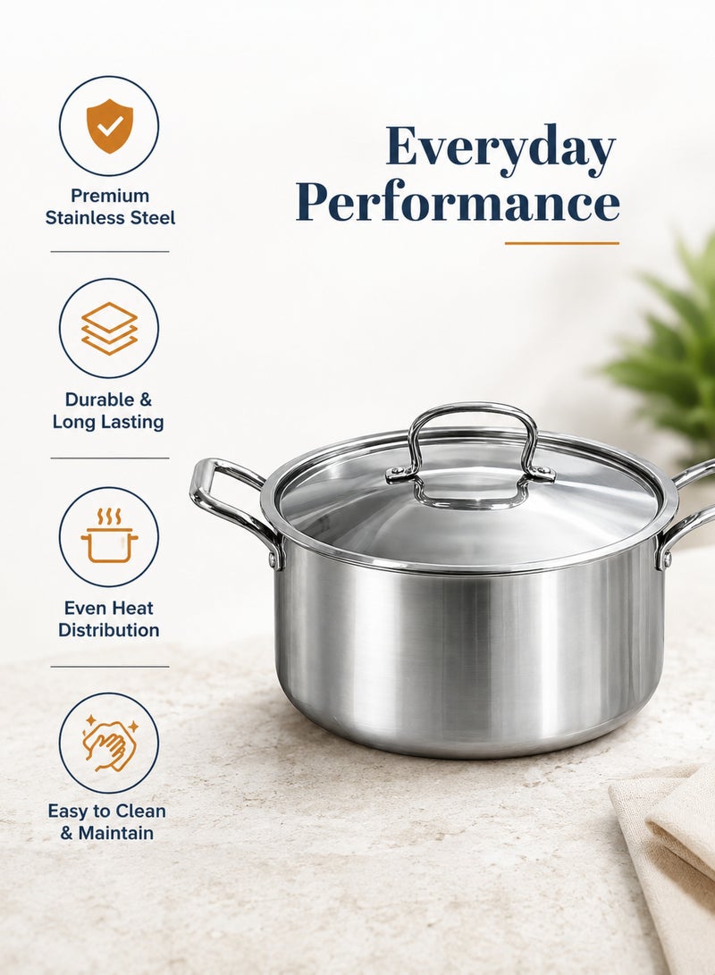 Aanya Homecraft Premium Extra Large Tri-Ply Stainless Steel Casserole Dish with Lid 24cm – Heavy-Duty Silver Cooking & Serving Pot with Side Handles for Family & Buffet Meals - Image 4