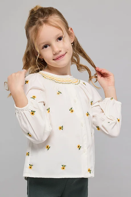أر أند بي Embroidered Top with Round Neck and Puff Sleeves