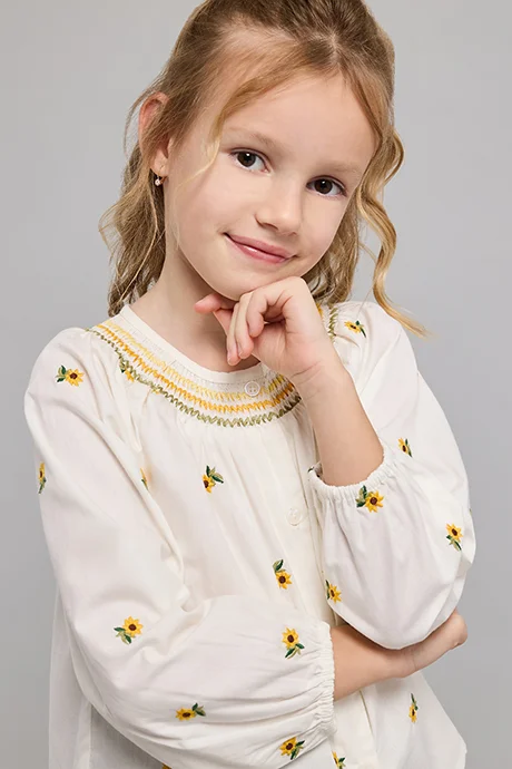 أر أند بي Embroidered Top with Round Neck and Puff Sleeves