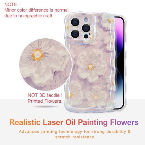 EYZUTAK Case for iPhone 15 Pro Max, Colorful Retro Oil Painting Flower Laser Glossy Pattern Cute Curly Wave Border Exquisite Phone Cover Stylish Durable TPU Protective Case for Girl Women-Light Purple - Image 2