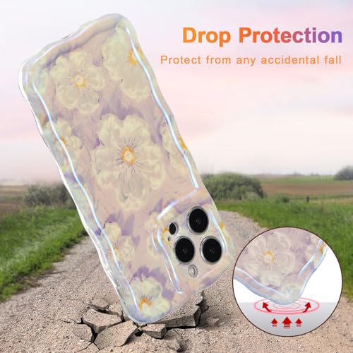 EYZUTAK Case for iPhone 15 Pro Max, Colorful Retro Oil Painting Flower Laser Glossy Pattern Cute Curly Wave Border Exquisite Phone Cover Stylish Durable TPU Protective Case for Girl Women-Light Purple - Image 3