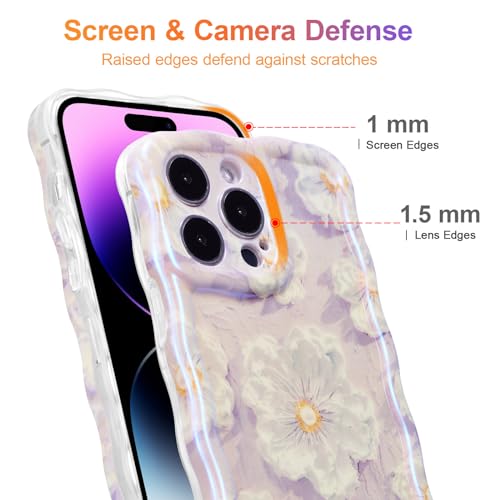 EYZUTAK Case for iPhone 15 Pro Max, Colorful Retro Oil Painting Flower Laser Glossy Pattern Cute Curly Wave Border Exquisite Phone Cover Stylish Durable TPU Protective Case for Girl Women-Light Purple - Image 4