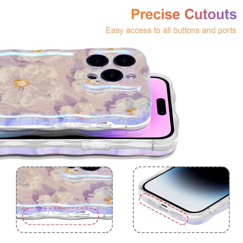 EYZUTAK Case for iPhone 15 Pro Max, Colorful Retro Oil Painting Flower Laser Glossy Pattern Cute Curly Wave Border Exquisite Phone Cover Stylish Durable TPU Protective Case for Girl Women-Light Purple - Image 5