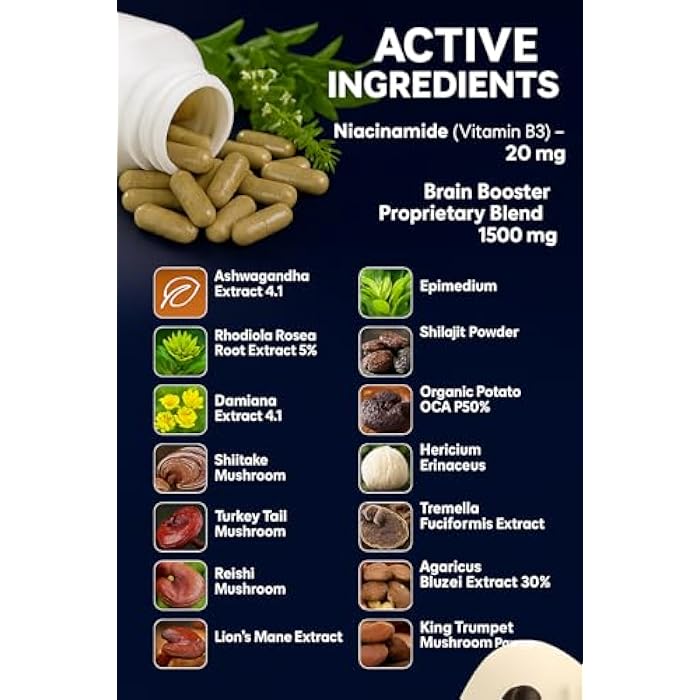 Vitamisan Brain Booster 38 Factor | Premium Herbal & Vitamin Blend for Focus, Clarity & Cognitive Support | Adaptogen & Mushroom Complex with Vitamin B3 | Daily Mental Performance Formula – 90 Capsules - Image 4