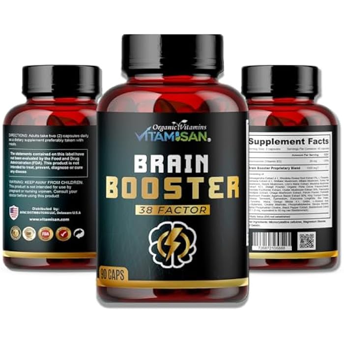 Vitamisan Brain Booster 38 Factor | Premium Herbal & Vitamin Blend for Focus, Clarity & Cognitive Support | Adaptogen & Mushroom Complex with Vitamin B3 | Daily Mental Performance Formula – 90 Capsules - Image 3