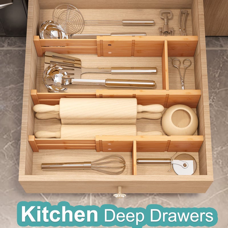 Vriccc 4.4"" High Drawer Dividers With Inserts  Bamboo Drawer Dividers For Clothes  Expandable From 12-17.5""  Adjustable Drawer Organizer For Bedroom  Kitchen & Office  4 Dividers With 8 Insert. - Image 4
