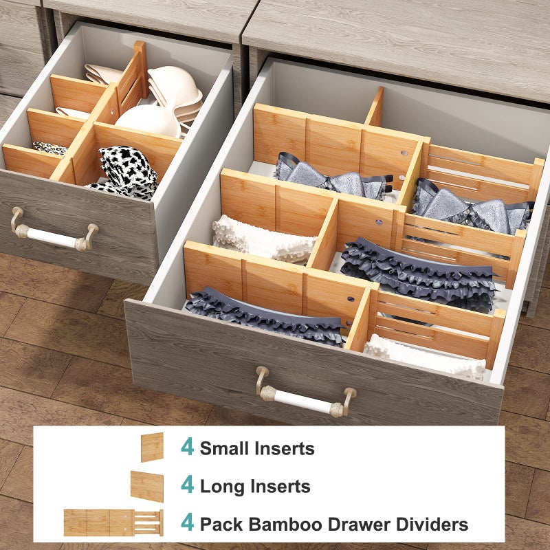 Vriccc 4.4"" High Drawer Dividers With Inserts  Bamboo Drawer Dividers For Clothes  Expandable From 12-17.5""  Adjustable Drawer Organizer For Bedroom  Kitchen & Office  4 Dividers With 8 Insert. - Image 3