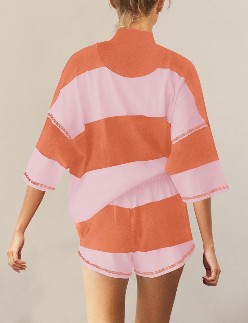 Panadila Women Striped Workout Set Two Piece Outfit Tracksuit Oversized Lounge Set Top and Shorts Sets with Pockets(Orange Pink Combo,L) - Image 3