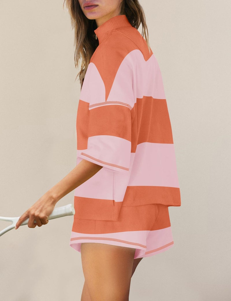 Panadila Women Striped Workout Set Two Piece Outfit Tracksuit Oversized Lounge Set Top and Shorts Sets with Pockets(Orange Pink Combo,L) - Image 2