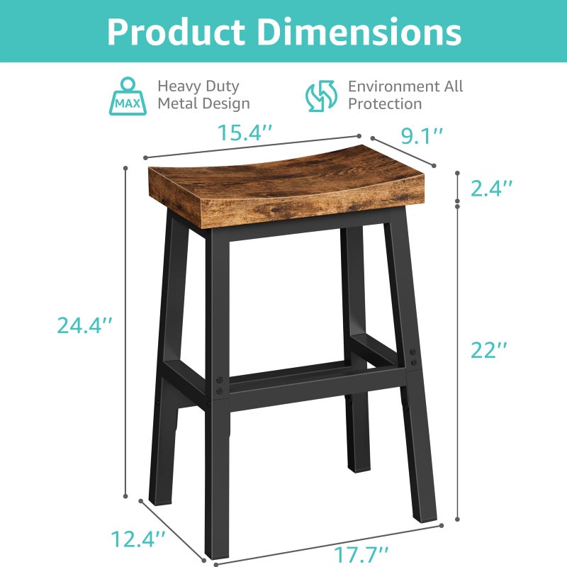 WINAZ Rustic Bar Stools, 24 Inch Barstools Set of 2, Counter Height Stool with Footrest, Wooden Stools for Kitchen Island, Heavy Duty Backless Chair for Dining Table Farmhouse Outdoor - Image 3