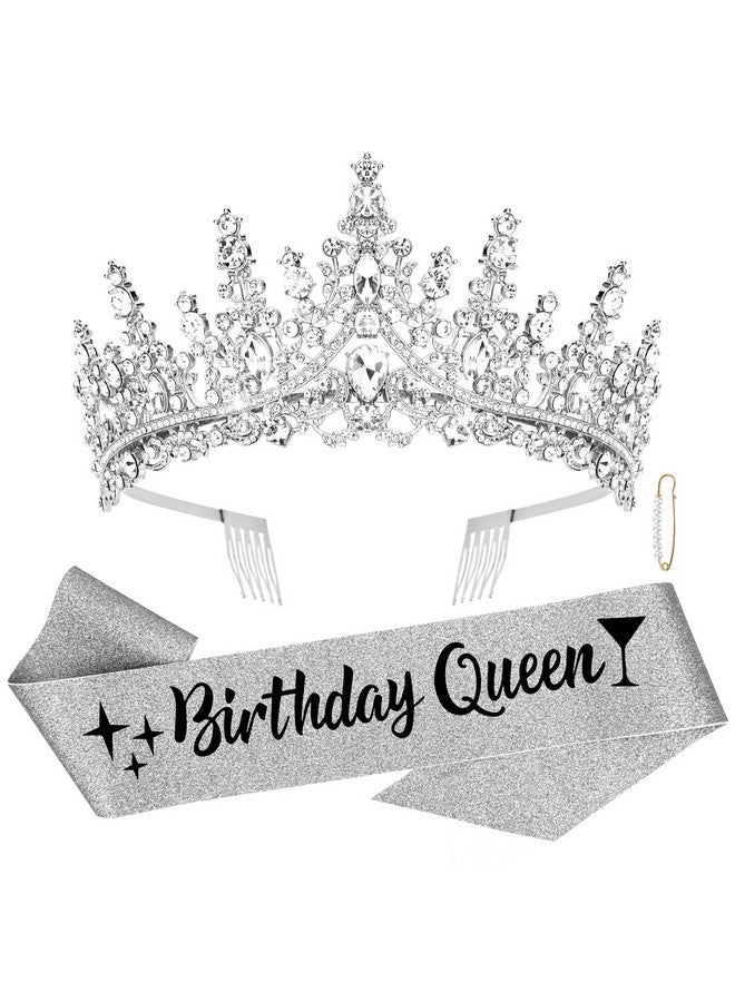 CURASA Birthday Queen Sash and Crown Silver Birthday Sash for Women Girls Birthday Crown Adult Woman Crystal Birthday Tiaras for Girls Princess Crowns Birthday Decoration for Party Gifts - Image 1